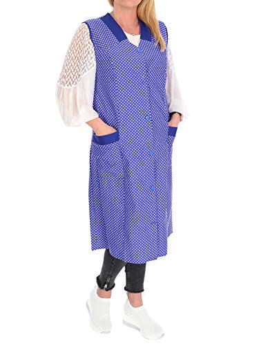 Blouse pour femme - Tablier - Robe de maison sans manches - Coton rouge ou bleu à pois blancs, bleu, 36