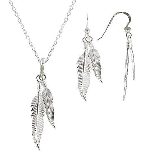 LES POULETTES BIJOUX - Parure Plumes Argent Collier et Boucles d'oreilles - Taille 45 cm