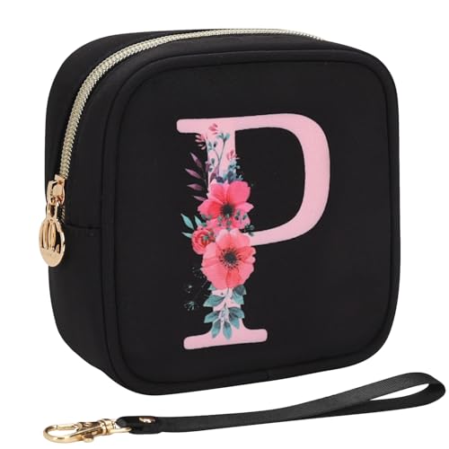 Relavel Initial Mini Makeup Bag for Girls, Small Makeup Bag for Purse with Zipper ＆ Removable Handle, Portable Makeup Pouch Lipstick Skincare Bag, Small Gift Cosmetic Bags for Women Girls(Black P)
