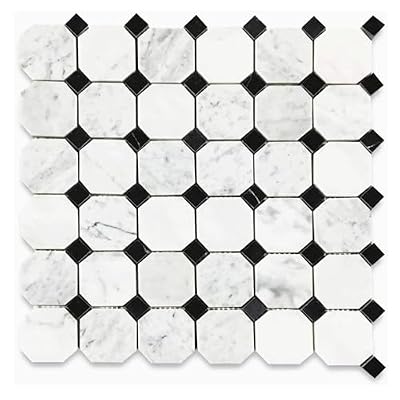 Tenedos Carrara White Marble 2 Inches Octagon Mosaic Tile with Nero Marquina Black Dots – Polished Natural Stone for Backsplash Bathroom Floor Shower Entryway (1 Sheet)