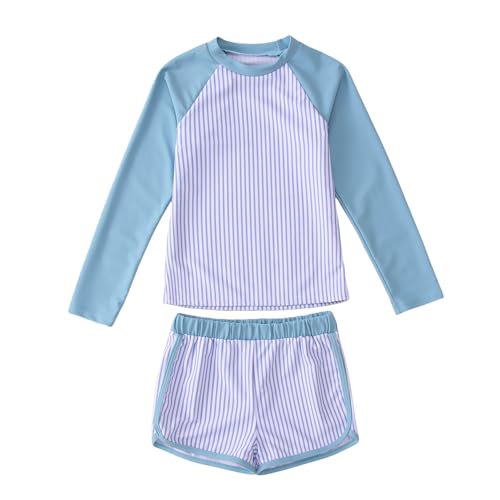 Ritatte Girls Rash Guard Swimsuit 2 Pieces Stripe Bathing Suit Long Sleeve Rashguard Beach Shorts Summer Swimwear 7-12T