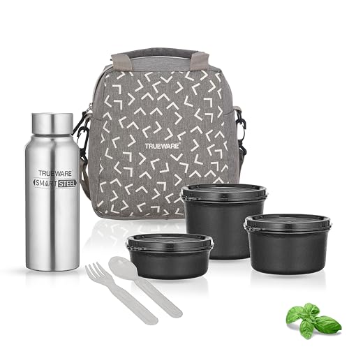 Image of Trueware Omaga Lunch Box with Insulated Khadi Jacket, 3 Microwave Safe & Leak Proof Inner Stainless Steel Containers(1 x 200ml, 1 X 400ml & 1 X 500ml) & 1 Steel Bottle 500ml Tiffin for Office,College