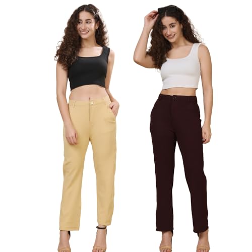 Image of Pack of 2 Women's Regular Fit Solid Cotton Blend Trousers - Soft, Breathable & Stretchable Bottom Wear for Office, Casual Outings & Daily Comfort