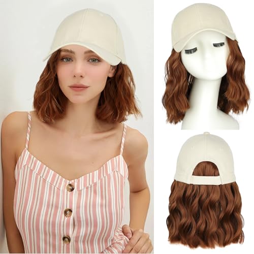 CHRSHN Hat Wigs for Women Baseball Cap With Hair Extensions Synthetic Short Wave Curly Hats with Hair Attached for Women Adjustable Hat Wig for Daily Use (30#)