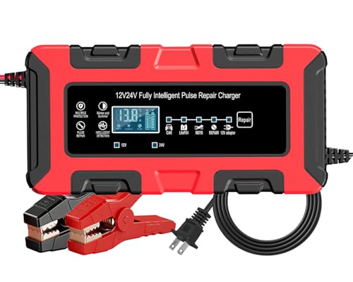 12V/24V Smart Car Battery Charger, 10Amp Maintainer & Trickle Charger, Desulfator w/Temp Compensation, Overcharge Protection for Lithium Iron Phosphate LiFePO4, Lead Acid AGM Gel Deep-Cycle Batteries