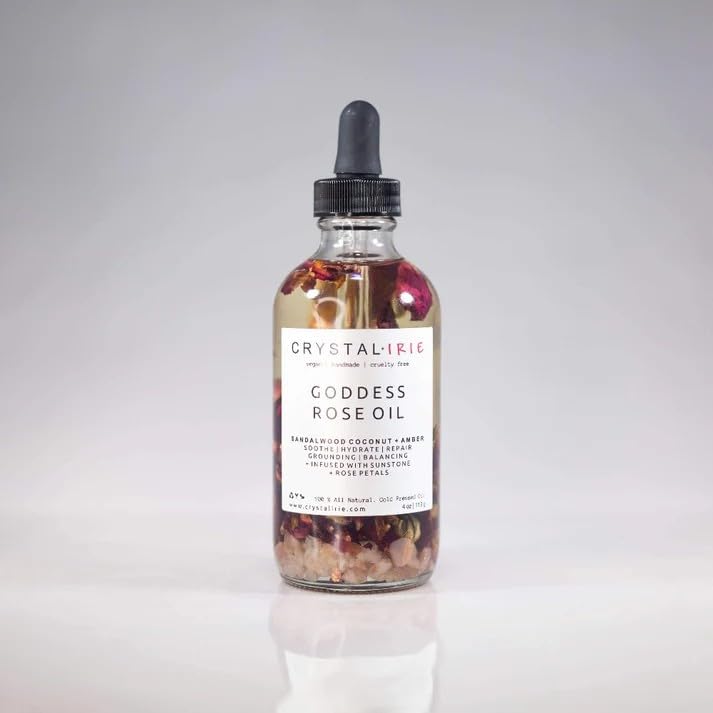 Crystal Irie Goddess Rose Body Oil Moisturizing Natural Body Oil, Herb & Crystal Infused Ritual Oil, Sandalwood Coconut Amber Scent, Lightweight Hydrating Oil with Vitamin E, 4 oz