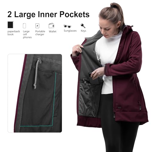 33,000ft Softshelljacke Damen Lange Übergangsjacke Wasserdicht Winddicht Softshellmantel Windbreaker Atmungsaktiv Wanderjacke Outdoor Mantel mit Abnehmbarer Kapuze, Himbeerrot L