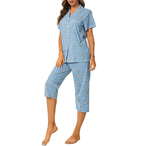 Image of Tugege Capri Pajamas Set Womens Button Down Short Sleeve Lounge Sets Sleepwear Notch Collar Top & Capri 2 Piece PJ Sets