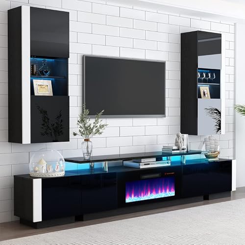 Image of AMERLIFE 70 inch High-Gloss Fireplace TV Stand with 36 inch Electric Fireplace | Black LED TV Console, Modern Living Room Entertainment Center, Fits TVs up to 80 inch, 2 Cabinets, 2-Tier Storage Space