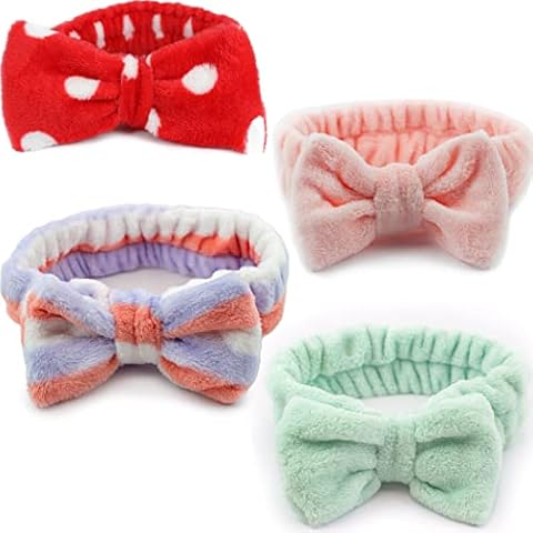 (3 PACK + BONUS) Plush Stretchy Elastic Spa Headband for Face Mask, Makeup, Face Wash - Universal Fit - Machine Washable Ultra Soft Bow Facial Head Wrap - w/Detachable Bow Cover