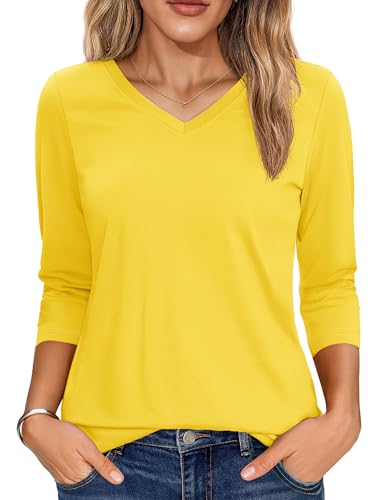 YUCOLEN 3/4 Length Sleeve Womens Tops V Neck T Shirts UPF50+ Casual Summer Tops Cotton Tees