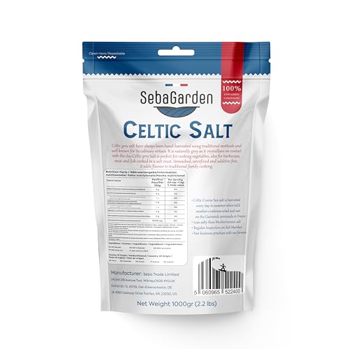 Seba Garden Keltisches Meersalz grau, 1 kg zertifizierter organischer wiederverschließbarer Beutel mit grauem Meersalz, handgeerntet, enthält über 82 essentielle Mineralien (1 kg, Original)