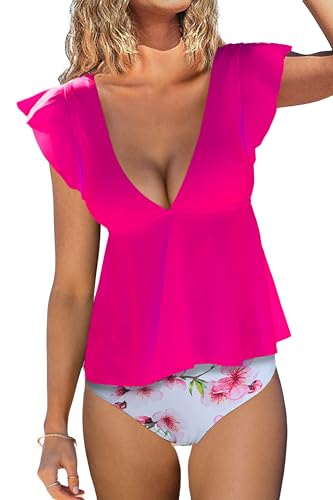 Beachsissi Women V Neck Tankini Swimsuit Ruffled Shoulder Floral Bathing Suit