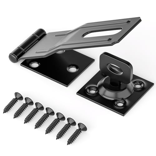 HAPPYGATE Swivel Staple Safety Hasp Latch Lock Stainless Steel Padlock Hasp Door Lock Latch Hardware Brushed Finish Clasp Hasp Lock Latchs for Fence Shed Gate Cabinet Pet Cage Black 1pcs