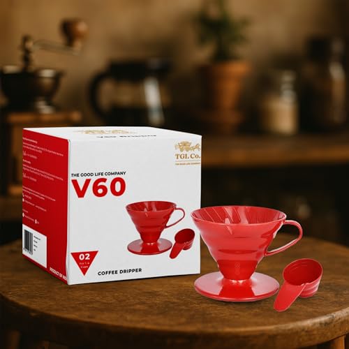 Image of TGL Co. V60 Coffee Dripper 02 (Red) - Manual Pour Over Coffee Maker | Food-Grade Plastic for Safe and Durable Brewing | Reusable Cone Dripper for 1-4 Cups | Easy to Use & Clean