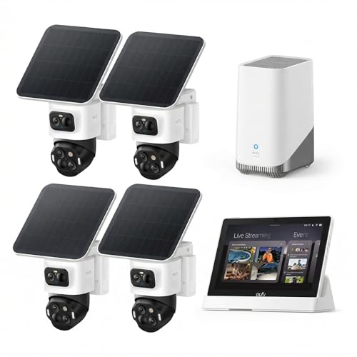 eufy Security eufyCam S4 4-Cam Kit with Smart Display E10, 4K Solar Camera Wireless Outdoor, Triple Lens PTZ Cam, 360° View, Multi-Screen Streaming, AI Recognition, 8X Zoom, No Monthly Fee,