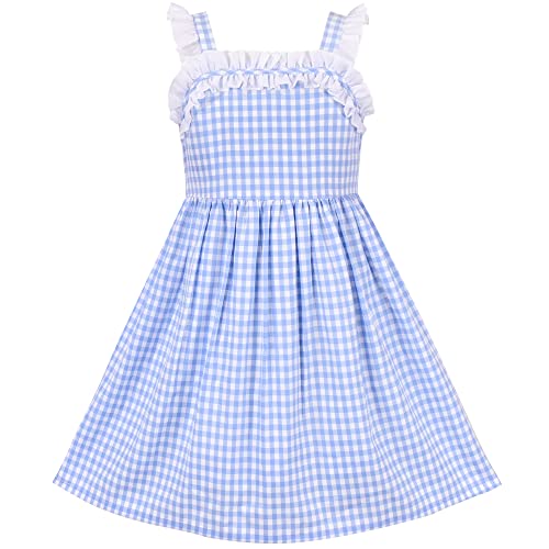 Sunny Fashion Mädchen Kleid Blau Weiß Kariert Rüsche Tank-Sommerkleid Gr. 122