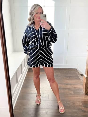 Image of Tankaneo Womens Striped 2 Piece Outfits Button Down Shirts and Shorts Lounge Matching Sets
