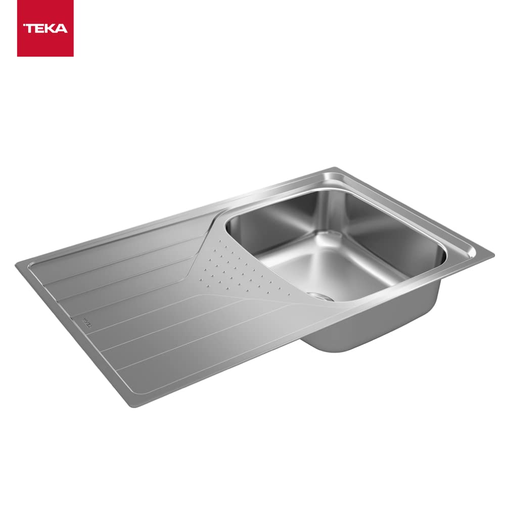 TEKA Fregadero Encastrado 1 Cubeta con Escurridor Izquierda, Acero Inoxidable Pulido, Profundidad 170 mm, Mueble 45 cm, Válvula Manual con Canasta y Sifón, Universe 45 T-XP 1C 1E