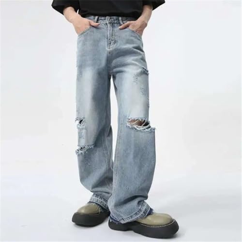 Men's Trendy Straight Jeans, Worn-Out Hole Design, Autumn Streetwear, American Wide Leg Denim3