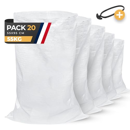 BIBODU Sac a Gravat (20 UNITÉS) | 55 x 95cm - Très Résistant (55 kg) | Sac a Gravats Chantier en Polypropylène | Parfait pour le Chantier, Gravier, Sable,...