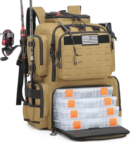 Tactical Fishing Backpack with 4 Tackle Boxes, Rod Holders & Bottle Holder