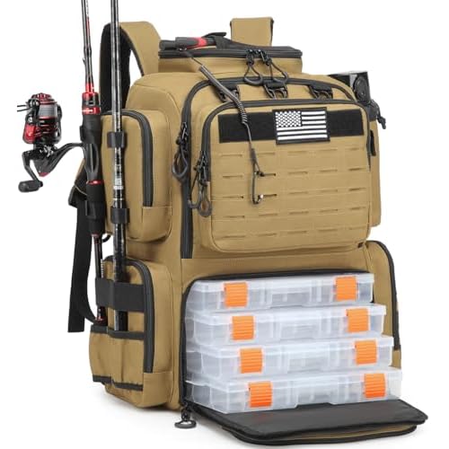 Tactical Fishing Backpack with 4 Tackle Boxes, Rod Holders & Bottle Holder