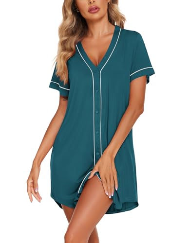 Image of Ekouaer Womens Nightgown Button Down Sleep Shirts Short Sleeve Nightshirt V-Neck Sleepdress Soft Sleepwer