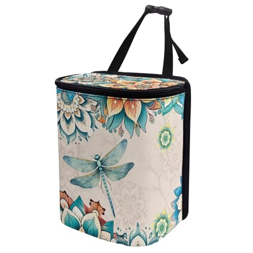 Image of Bohemian Flower Dragonfly Car Trash Bin with Lid,Leak-Proof Car Organizer, Waterproof Car Garbage Can for Vehicle /Home /Office