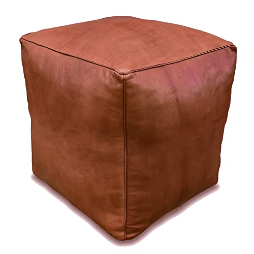 Poufs&Pillows Ottoman - Puf de Piel Cuadrada (Hecho a Mano, Relleno Incluido), Piel, Marrón Natural, 40x40x45 cm Cover