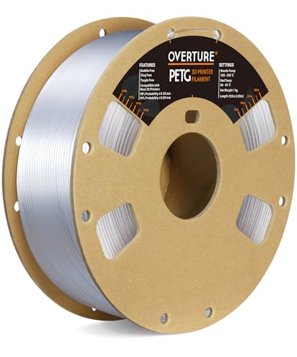 OVERTURE Transparent Filament Clear PETG Filament 1.75mm, PETG Transparent 3D Printer Consumables, 1kg Filament (2.2lbs), Dimensional Accuracy Probability +/- 0.02 mm,Transparent