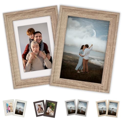 Marco de Fotos 10x15 cm - 2 Uds - Marcos de Fotos de Madera - Marco de Fotos con Paspartú - Porta Fotos Mesa - Marcos de Fotos Baratos - Regalo Aniversario - Cuadros de Fotos (10x15 cm, Roble)