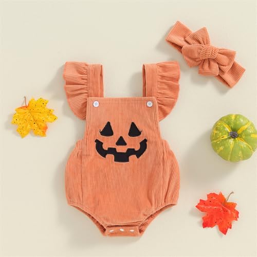 FIOMVA Halloween Baby Clothes Newborn My First Halloween Baby Girl Outfit Infant Ghost Ruffle Romper Fall Winter Clothes (C Halloween Romper Orange,0-3 Months)