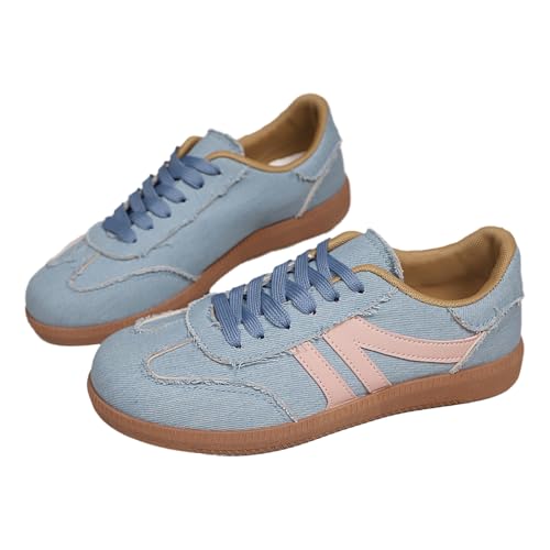 Women's Flat Low-Top Denim Sneakers Slip-On Style with Striped Rubber