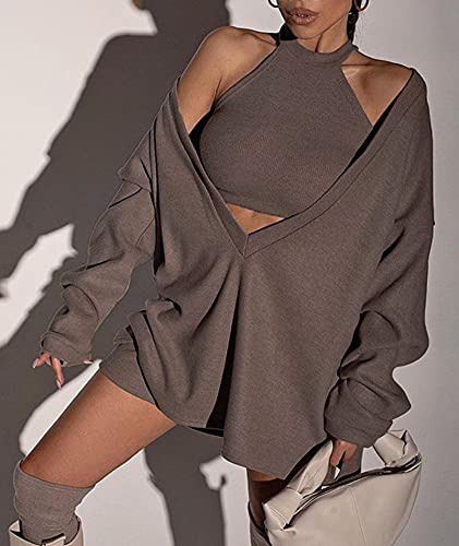 Image of ECDAHICC Women's Two Piece Outfits Knitted Halter Neck Crop Tank Tops and Oversized Off Shoulder Deep V Neck Pullover Sweater