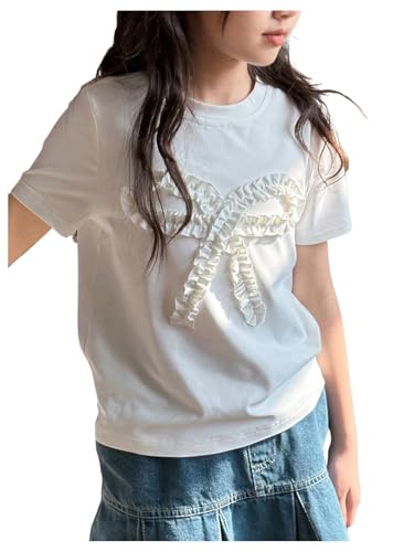 MakeMeChic Girl's Bow Crew Neck T Shirt Frill Trim Short Sleeve Summer Tee Tops