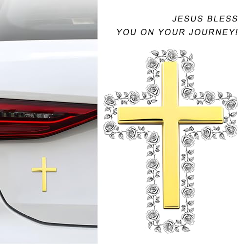 Image of 4PCS Metal Christian Cross Emblem Stickers, 2.5x1.8in 3D Jesus Christ Auto Emblem Badge Decal, Self-Adhesive Styling Cross Decal Decoration for Trunk Tailgate Side Fender (Golden)