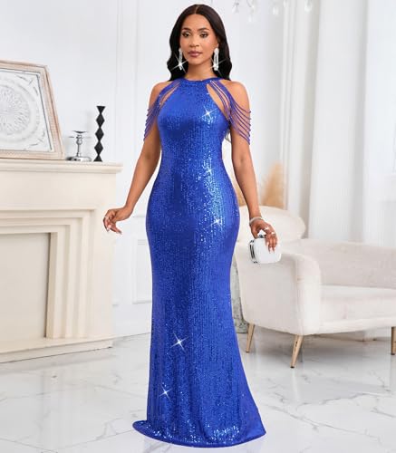 Image of Cololura Women Sexy Elegant Sequin Tassel Off Shoulder Halter Bodycon Maxi Dress Party Evening Gown Formal Dress
