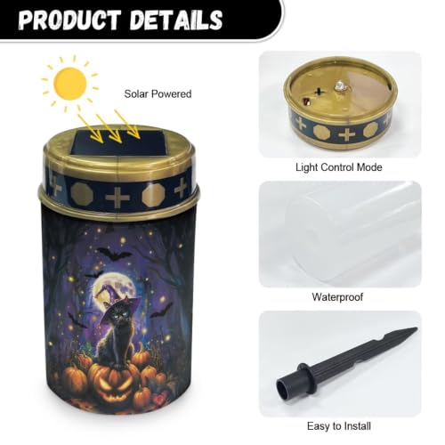 Image of Cemetery Solar Lights Water Resistant, Witch Black Cat | Water Resistant LED Flameless Candle, Grave Lights Solar Powered Landscape Lights for Grave Memorial Gift