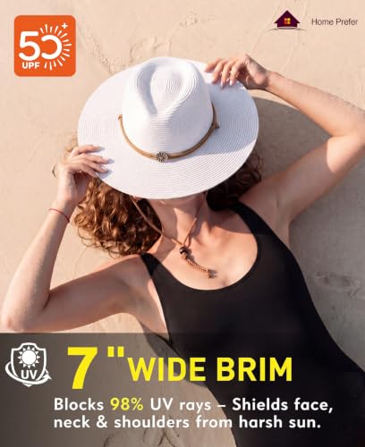 Image of Home Prefer UPF50+ Men's Wide Brim Straw Fedora Sun Hat with Badge Lanyard