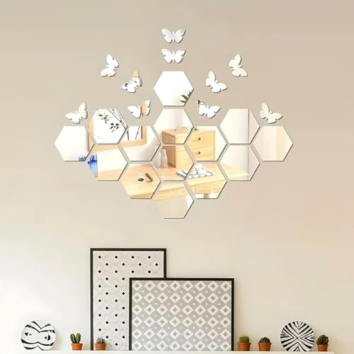 Image of 25-Piece Hexagon & Butterfly Mirror Wall Stickers - 15 Hexagons + 10 Butterflies, Acrylic Decorative Stickers for Hall, Bedroom, Kitchen, Color- Silver