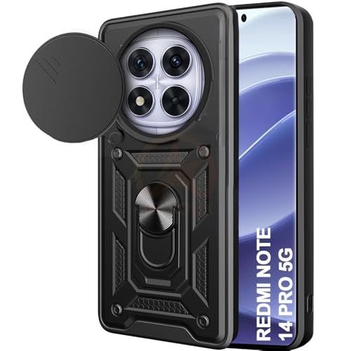 Image of Armor Bumper Back Cover Case for Redmi Note 14 Pro 5G Rotating Camera Cover, Ring Holder & Kickstand | Heavy Duty & 360 Degree Protection Redmi Note 14 Pro 5G Back Cover (Black)