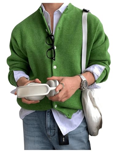 Floerns Men's Drop Shoulder Long Sleeve Button Down Crewneck Cardigan Sweater