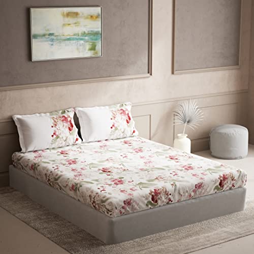 Image of D'Decor Live Beautiful Floral Glow Floral 144 TC Double Bedsheet Set with Two Pillow Covers - Red