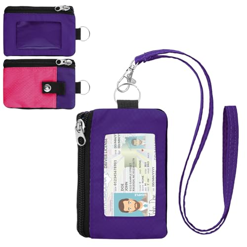 Image of Minimalist RFID Wallet with Lanyard, Multi-functional ID Case with 2 Zipper Pockets and Key Chain for Men and Women, Tactical Badge Pouch Cards Holder, Coin Purse for Travel Sports - Purple&Rose