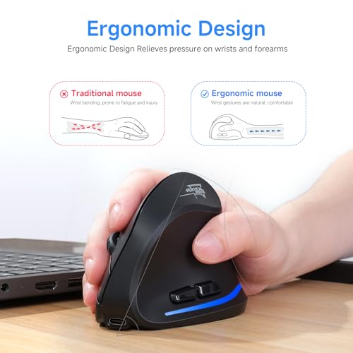 ECHTPower Wireless Bluetooth Mouse, Ergonomic Mouse with LED Light, Tri-Mode BT5.0+BT5.0+2.4GHz, Vertical Mouse Adjustable DPI 2400/1600/1000, Rechargeable Mice for PC, Laptop, Mac, Windows - Image 4