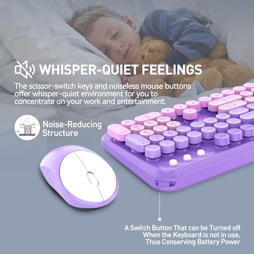 Image of Wireless Keyboards Mouse Combos, Colorful Cute Typewriter Full-Size Retro Creamy Keyboard, 2.4GHz Sleep Mode Office Quiet Wireless Keyboard and Mouse Set for Desktop Laptop PC Computer(Purple)