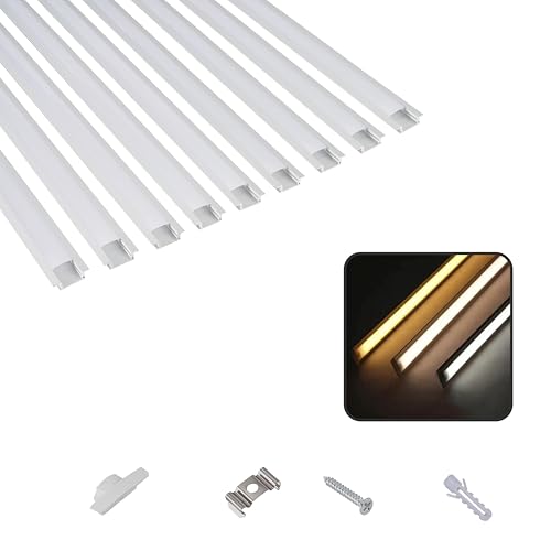 T&K Profilé aluminium LED 9 x 1M en U pour montage encastré argenté avec cache opale, embouts et clip de montage, canal en aluminium, profilé d'angle anodisé pour bandes LED et rubans LED