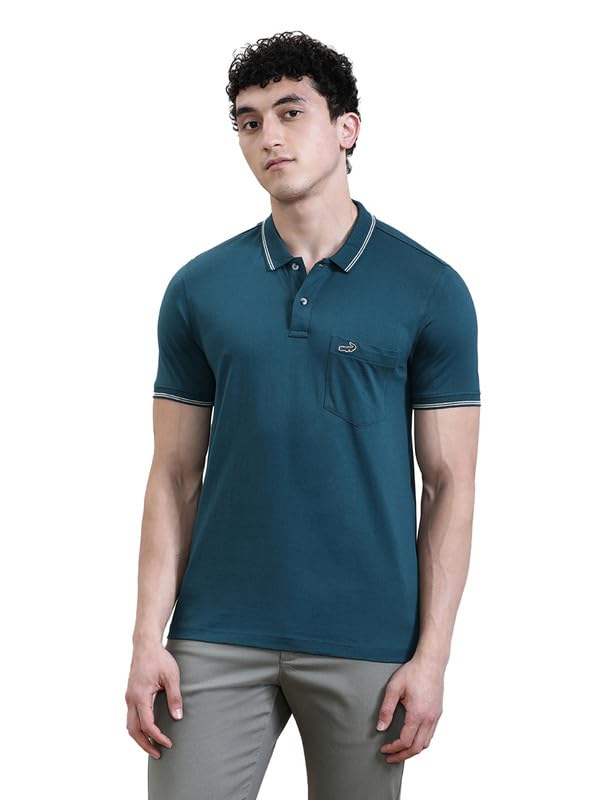Image of CROCODILE Men Solid Slim Fit Polo T-Shirt | Regular Length | Short Sleeve | Button Placket | Casual Knitted Topwear