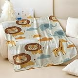Manta de franela con estampado de león y jirafa de dibujos animados, manta súper suave para sofá y cama para niños (04,130 x 150 cm)